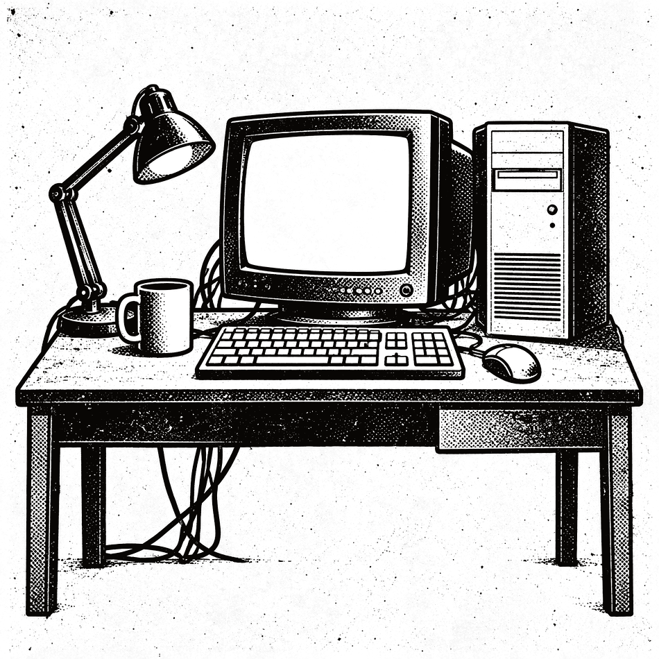 A home computer desk from 2009: a CRT monitor, a tower, a keyboard and a mug, drawn in two inks.